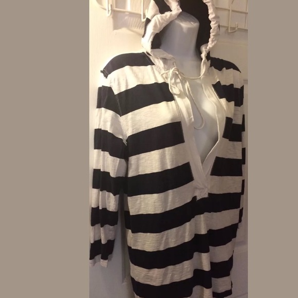 J. CREW Beach Striped Slub Top Hoodie Shirt Nautical Navy Blue White Blouse Knit - Picture 4 of 7